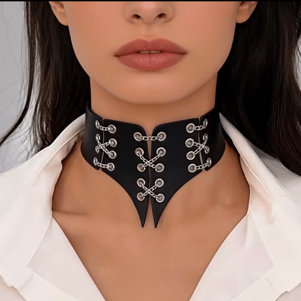 Black Cross-Chain Up Gothic Rivet Choker Necklace